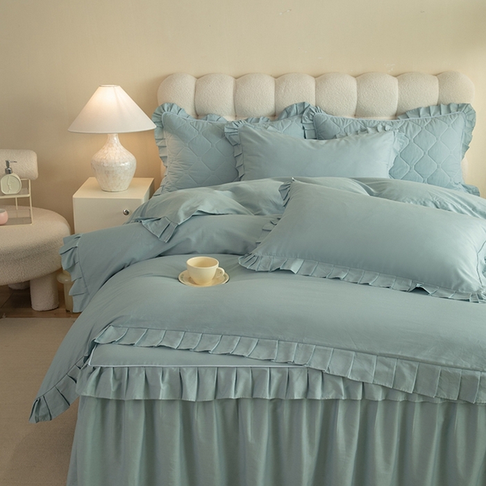 91家纺网 家纺一手货源 找家纺 2025新款A类全棉抗菌13372床裙系列全棉床裙四件套 浅兰