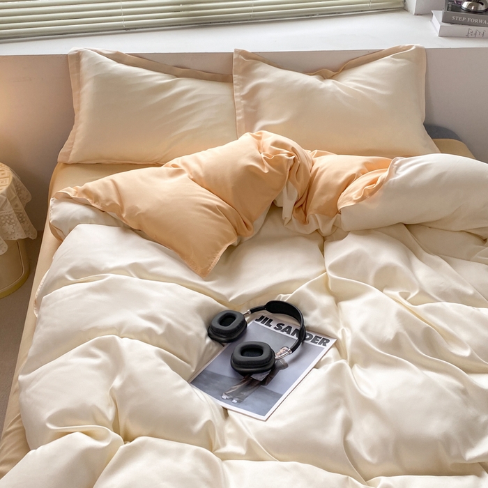 91家纺网 家纺一手货源 找家纺 米瑞娜 2024新款纯色双拼亲肤磨毛水洗棉四件套 奶茶芝士