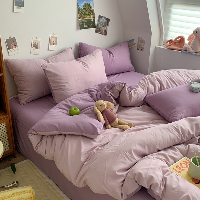 91家纺网 家纺一手货源 找家纺 优迈 2024新款ins风小红书同款纯色双拼水洗棉四件套亲肤加厚磨毛四件套混搭系列-单被套单床单单枕套单床笠 棚拍图 紫薯芋泥