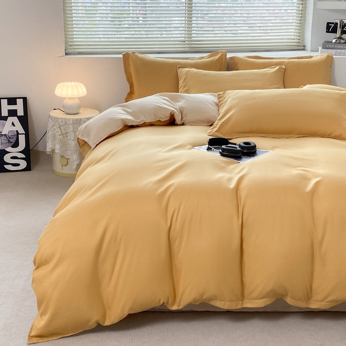 91家纺网 家纺一手货源 找家纺 米瑞娜 2024新款纯色双拼亲肤磨毛水洗棉四件套 碳烤起司