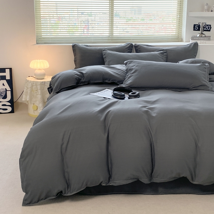 91家纺网 家纺一手货源 找家纺 米瑞娜 2024新款纯色双拼亲肤磨毛水洗棉四件套 高级灰