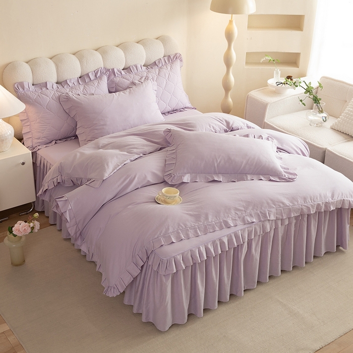 91家纺网 家纺一手货源 找家纺 2025新款A类全棉抗菌13372床裙系列全棉床裙四件套 灰紫