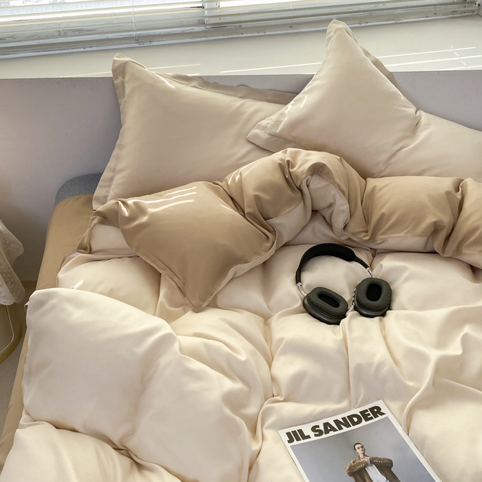 91家纺网 家纺一手货源 找家纺 米瑞娜 2024新款纯色双拼亲肤磨毛水洗棉四件套 杏色米咖