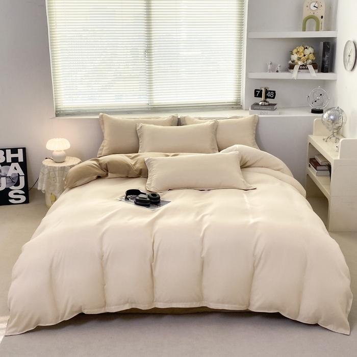 91家纺网 家纺一手货源 找家纺 米瑞娜 2024新款纯色双拼亲肤磨毛水洗棉四件套 杏色米咖