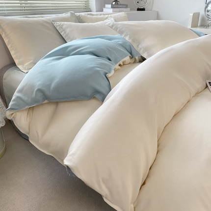 91家纺网 家纺一手货源 找家纺 米瑞娜 2024新款纯色双拼亲肤磨毛水洗棉四件套 奶白淡蓝