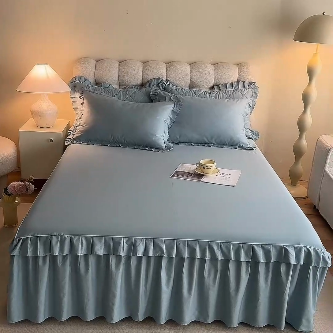 91家纺网 家纺一手货源 找家纺 2025新款A类全棉抗菌13372床裙系列全棉床裙 浅兰