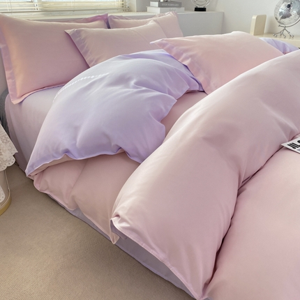 91家纺网 家纺一手货源 找家纺 米瑞娜 2024新款纯色双拼亲肤磨毛水洗棉四件套 奶粉泡泡紫