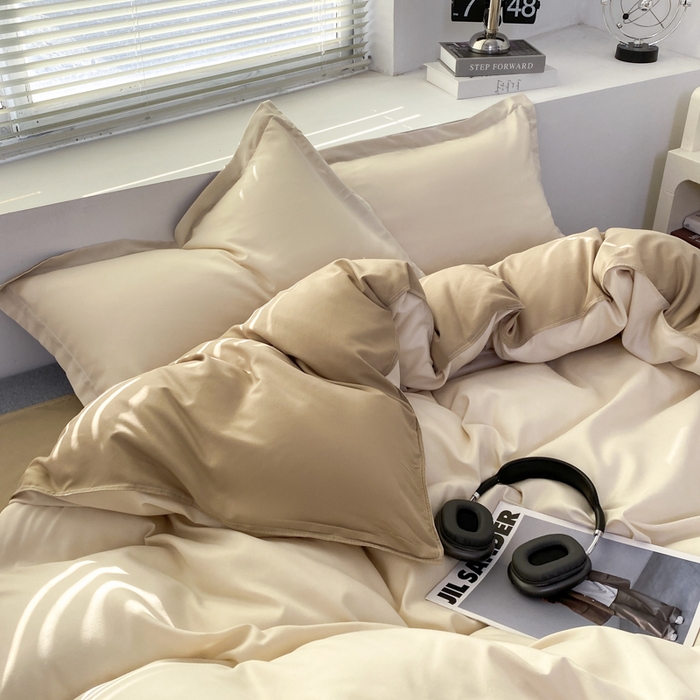 91家纺网 家纺一手货源 找家纺 米瑞娜 2024新款纯色双拼亲肤磨毛水洗棉四件套 杏色米咖