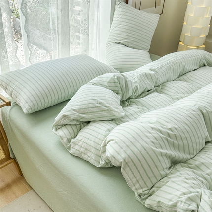 91家纺网 家纺一手货源 找家纺 青螺家纺 2024全棉水洗棉双面色织条纹简约三件套四件套枕套床单 (支持一件定制) 简条纹绿