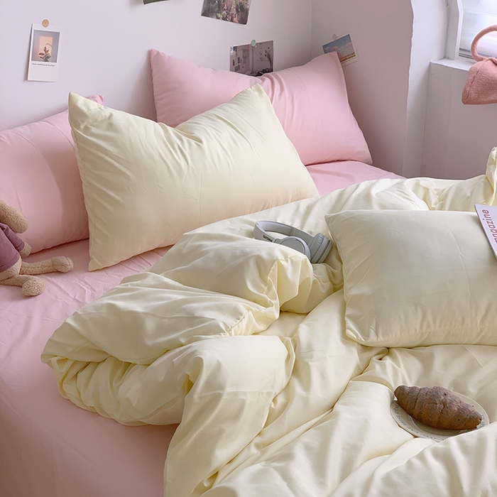 91家纺网 家纺一手货源 找家纺 优迈 2024新款ins风小红书同款纯色双拼水洗棉四件套亲肤加厚磨毛四件套混搭系列-单被套单床单单枕套单床笠 棚拍图 芝士粉桃