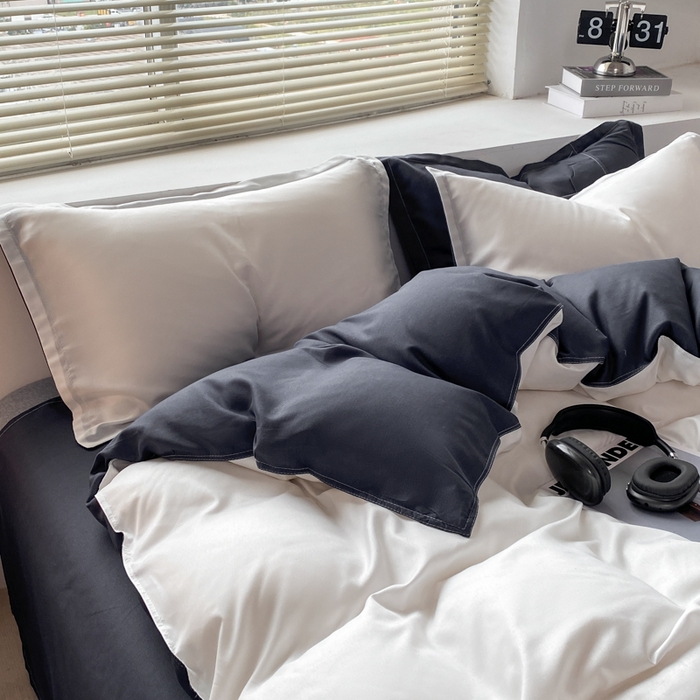 91家纺网 家纺一手货源 找家纺 米瑞娜 2024新款纯色双拼亲肤磨毛水洗棉四件套 白蓝黑