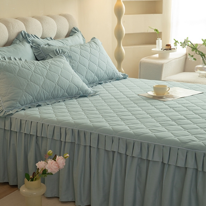 91家纺网 家纺一手货源 找家纺 2025新款A类全棉抗菌13372床裙系列全棉床裙 浅兰