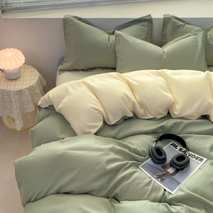 91家纺网 家纺一手货源 找家纺 米瑞娜 2024新款纯色双拼亲肤磨毛水洗棉四件套 抹茶奶油