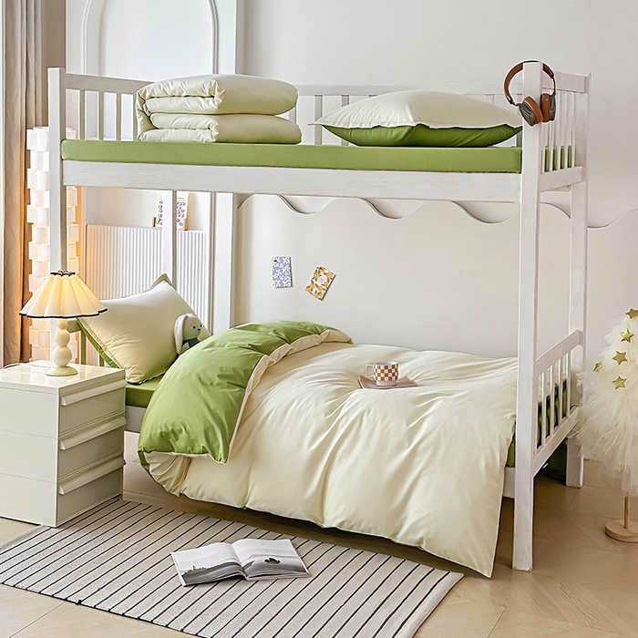 91家纺网 家纺一手货源 找家纺 棉造2024新款13372纯棉学生宿舍上下床套件全棉三件套六件套 奶油白+豆绿