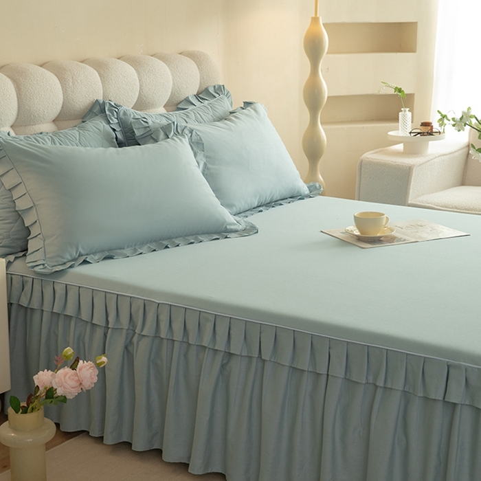 91家纺网 家纺一手货源 找家纺 2025新款A类全棉抗菌13372床裙系列全棉床裙 浅兰