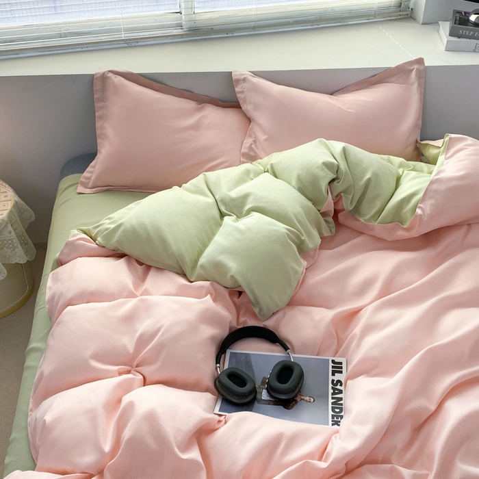 91家纺网 家纺一手货源 找家纺 米瑞娜 2024新款纯色双拼亲肤磨毛水洗棉四件套 奶粉浅玉