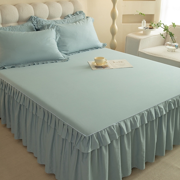 91家纺网 家纺一手货源 找家纺 2025新款A类全棉抗菌13372床裙系列全棉床裙 浅兰