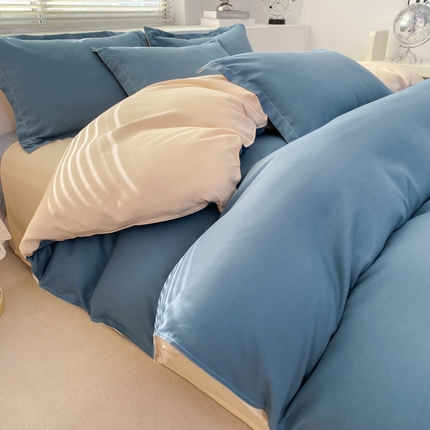 91家纺网 家纺一手货源 找家纺 米瑞娜 2024新款纯色双拼亲肤磨毛水洗棉四件套 海蓝奶茶