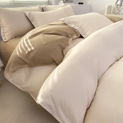 91家纺网 家纺一手货源 找家纺 米瑞娜 2024新款纯色双拼亲肤磨毛水洗棉四件套 杏色米咖