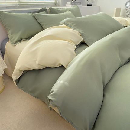 91家纺网 家纺一手货源 找家纺 米瑞娜 2024新款纯色双拼亲肤磨毛水洗棉四件套 抹茶奶油