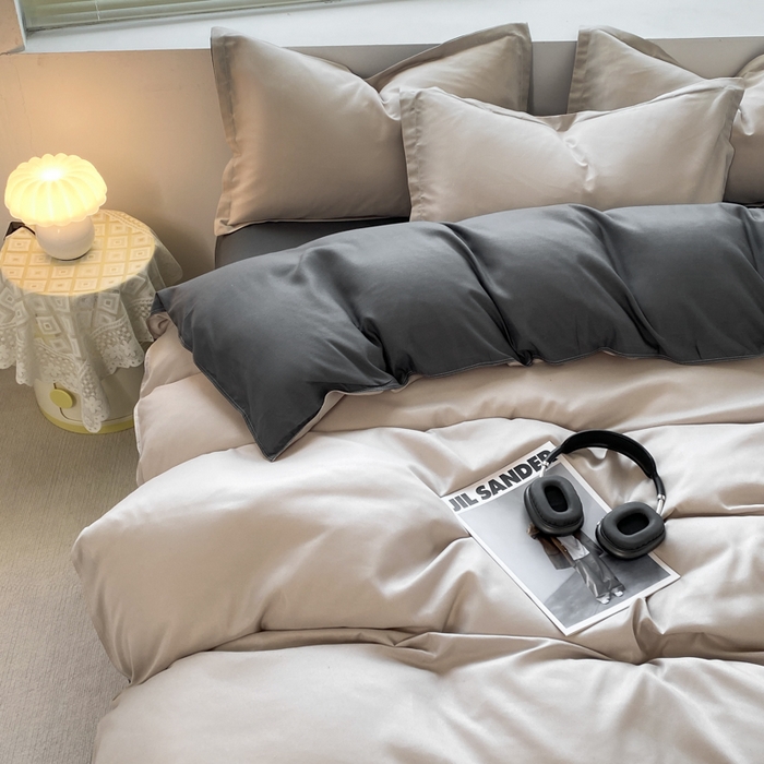 91家纺网 家纺一手货源 找家纺 米瑞娜 2024新款纯色双拼亲肤磨毛水洗棉四件套 米白灰