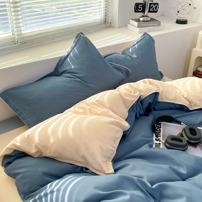 91家纺网 家纺一手货源 找家纺 米瑞娜 2024新款纯色双拼亲肤磨毛水洗棉四件套 海蓝奶茶