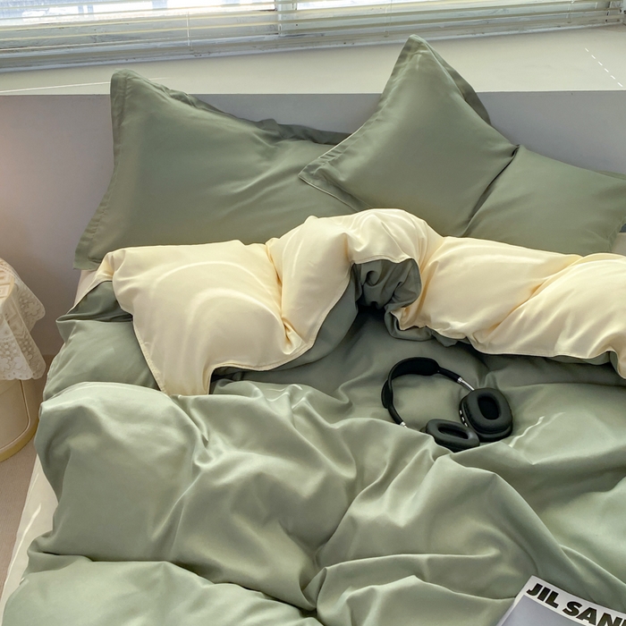 91家纺网 家纺一手货源 找家纺 米瑞娜 2024新款纯色双拼亲肤磨毛水洗棉四件套 抹茶奶油