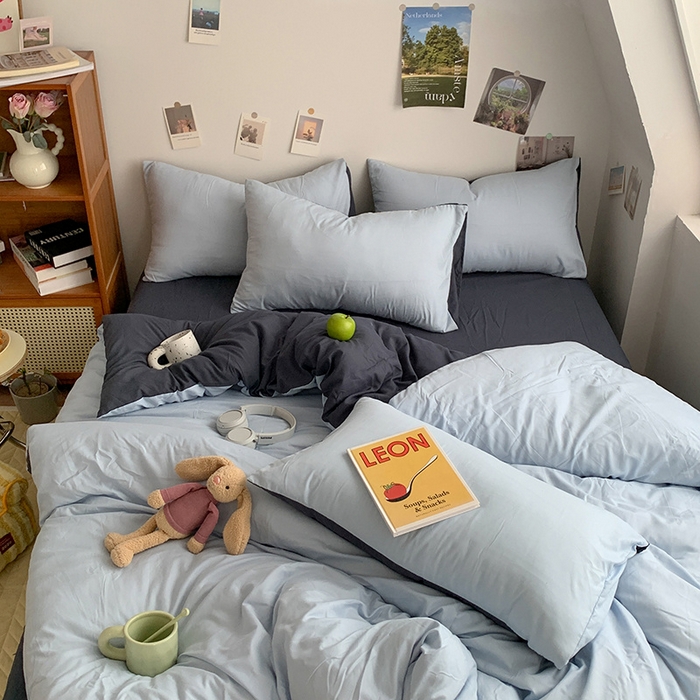 91家纺网 家纺一手货源 找家纺 优迈 2024新款ins风小红书同款纯色双拼水洗棉四件套亲肤加厚磨毛四件套混搭系列-单被套单床单单枕套单床笠 棚拍图 海蓝灰