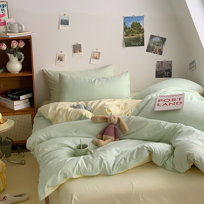 91家纺网 家纺一手货源 找家纺 优迈 2024新款ins风小红书同款纯色双拼水洗棉四件套亲肤加厚磨毛四件套混搭系列-单被套单床单单枕套单床笠 棚拍图 薄荷芝士