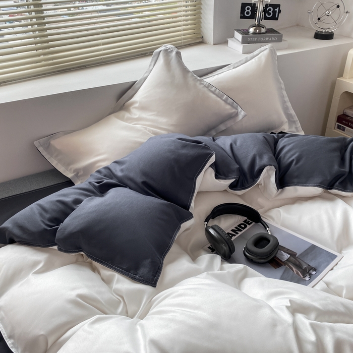 91家纺网 家纺一手货源 找家纺 米瑞娜 2024新款纯色双拼亲肤磨毛水洗棉四件套 白蓝黑