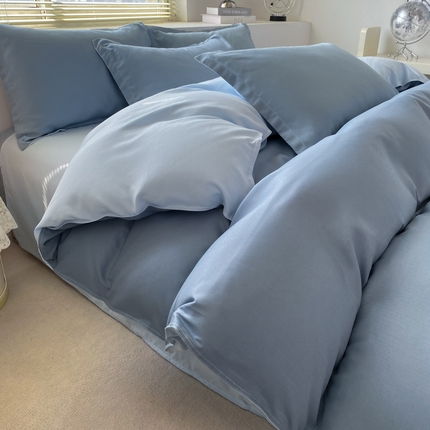 91家纺网 家纺一手货源 找家纺 米瑞娜 2024新款纯色双拼亲肤磨毛水洗棉四件套 月光雾蓝