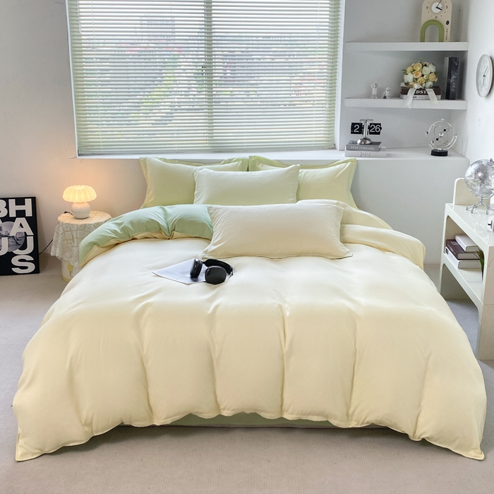 91家纺网 家纺一手货源 找家纺 米瑞娜 2024新款纯色双拼亲肤磨毛水洗棉四件套 芝士浅绿