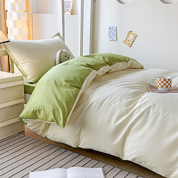 91家纺网 家纺一手货源 找家纺 棉造2024新款13372纯棉学生宿舍上下床套件全棉三件套六件套 奶油白+豆绿