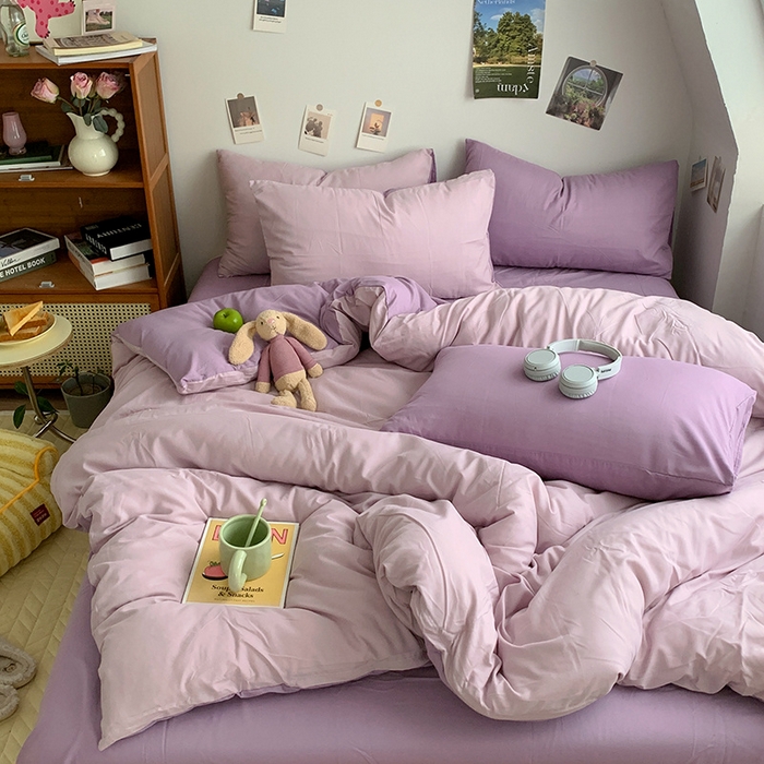 91家纺网 家纺一手货源 找家纺 优迈 2024新款ins风小红书同款纯色双拼水洗棉四件套亲肤加厚磨毛四件套混搭系列-单被套单床单单枕套单床笠 棚拍图 紫薯芋泥