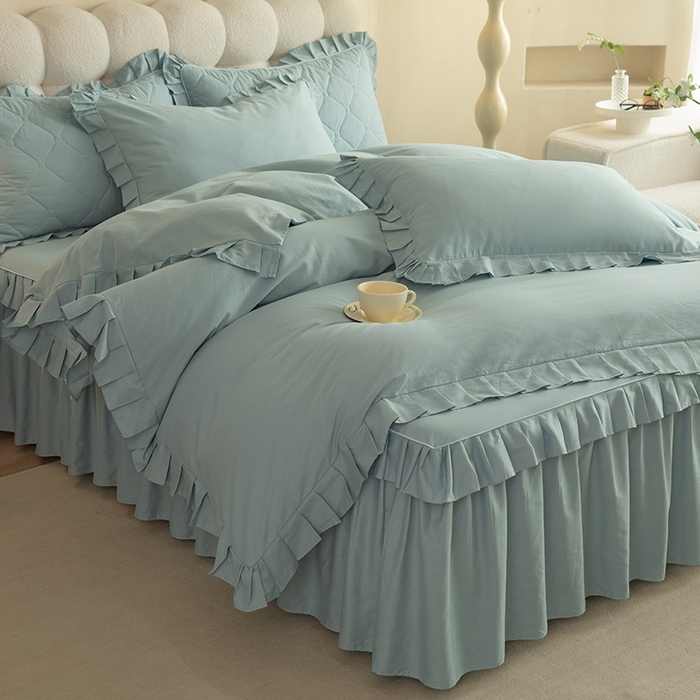 91家纺网 家纺一手货源 找家纺 2025新款A类全棉抗菌13372床裙系列全棉床裙四件套 浅兰