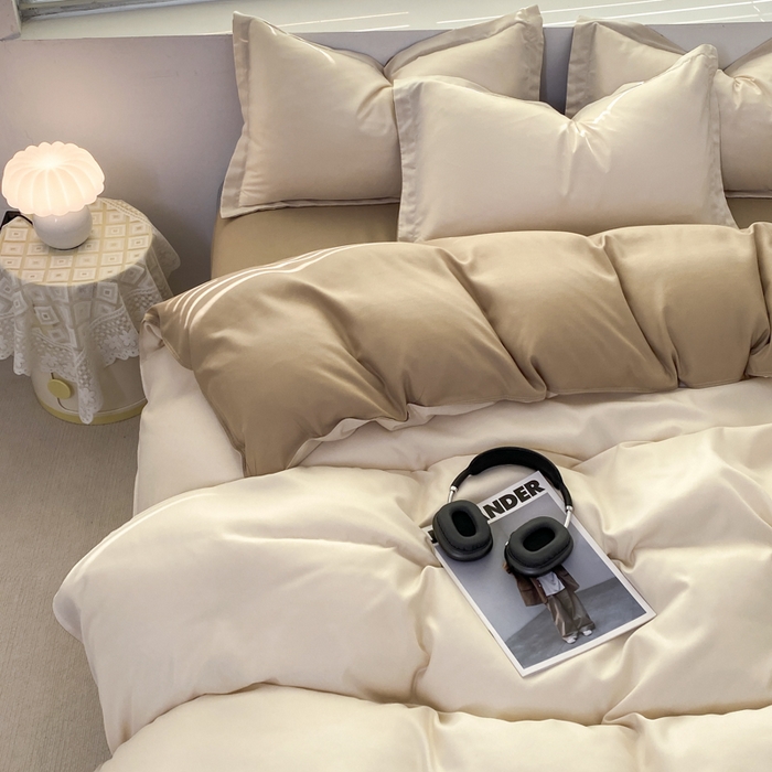 91家纺网 家纺一手货源 找家纺 米瑞娜 2024新款纯色双拼亲肤磨毛水洗棉四件套 杏色米咖