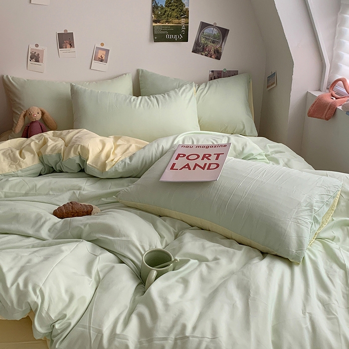 91家纺网 家纺一手货源 找家纺 优迈 2024新款ins风小红书同款纯色双拼水洗棉四件套亲肤加厚磨毛四件套混搭系列-单被套单床单单枕套单床笠 棚拍图 薄荷芝士