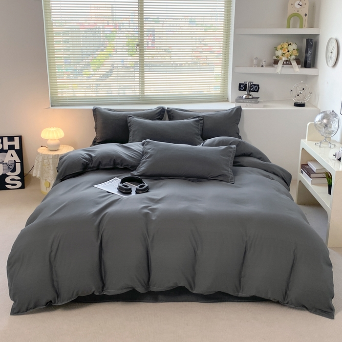 91家纺网 家纺一手货源 找家纺 米瑞娜 2024新款纯色双拼亲肤磨毛水洗棉四件套 高级灰