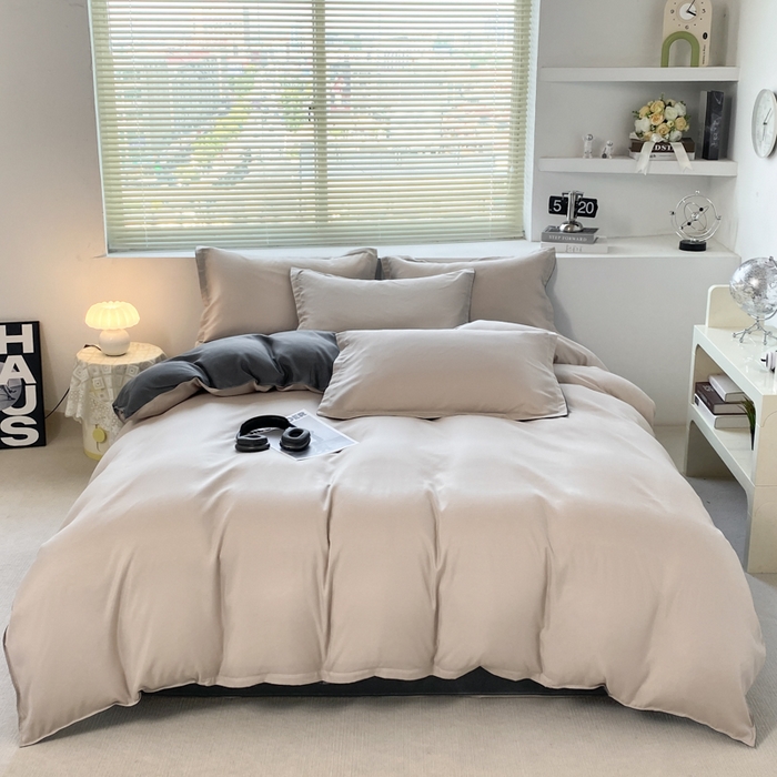 91家纺网 家纺一手货源 找家纺 米瑞娜 2024新款纯色双拼亲肤磨毛水洗棉四件套 米白灰