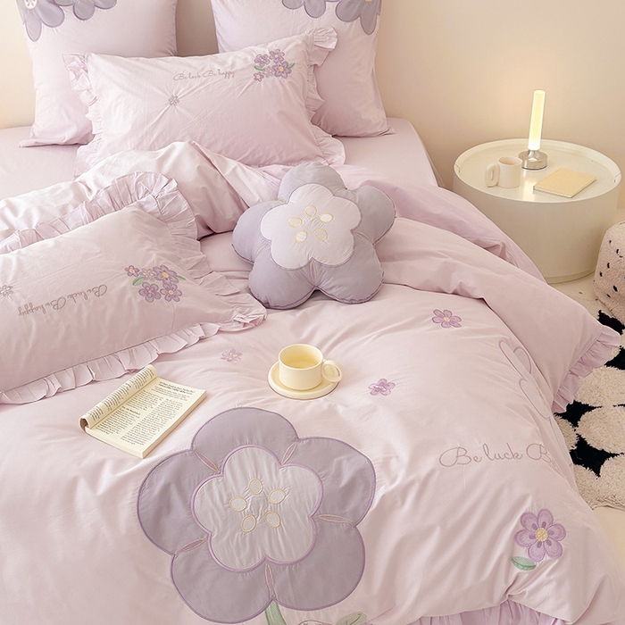 91家纺网 家纺一手货源 找家纺 绒梦里 2024新款A类全棉水洗棉贴布绣韩版花边四件套公主风床上用品套件