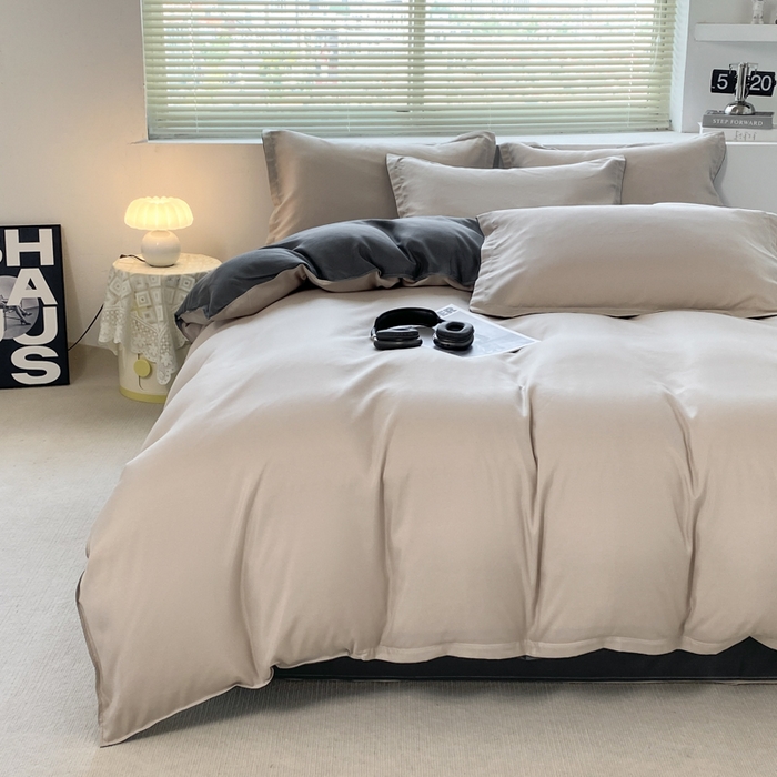 91家纺网 家纺一手货源 找家纺 米瑞娜 2024新款纯色双拼亲肤磨毛水洗棉四件套 米白灰