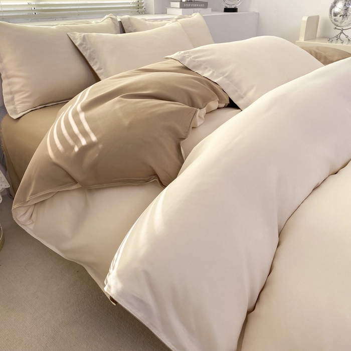 91家纺网 家纺一手货源 找家纺 米瑞娜 2024新款纯色双拼亲肤磨毛水洗棉四件套 杏色米咖