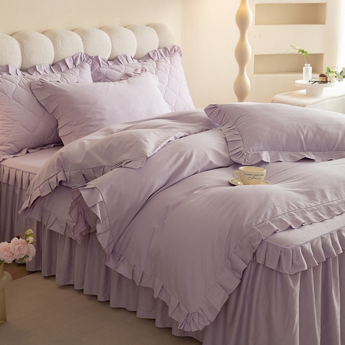 91家纺网 家纺一手货源 找家纺 2025新款A类全棉抗菌13372床裙系列全棉床裙四件套 灰紫