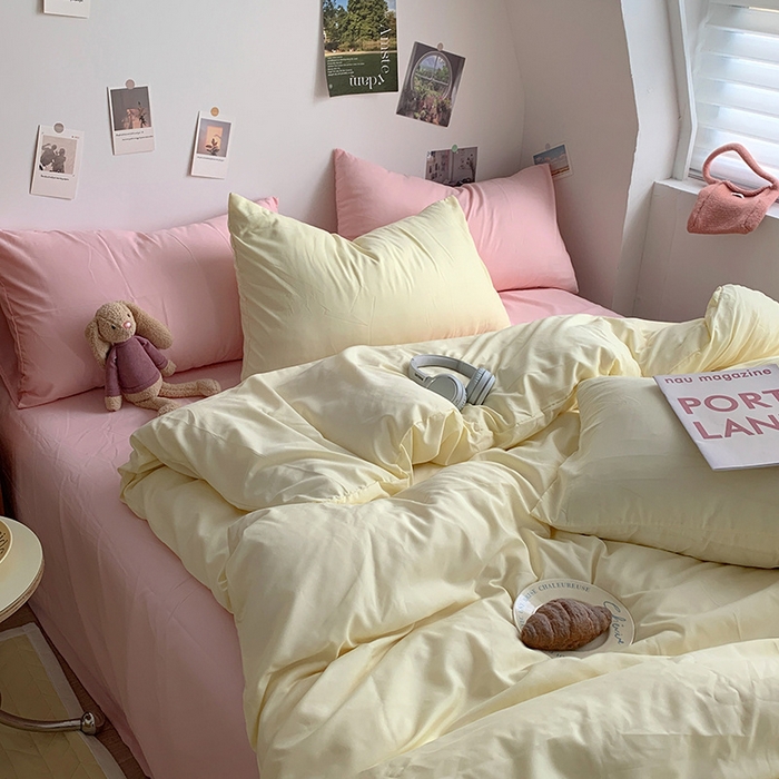 91家纺网 家纺一手货源 找家纺 优迈 2024新款ins风小红书同款纯色双拼水洗棉四件套亲肤加厚磨毛四件套混搭系列-单被套单床单单枕套单床笠 棚拍图 芝士粉桃