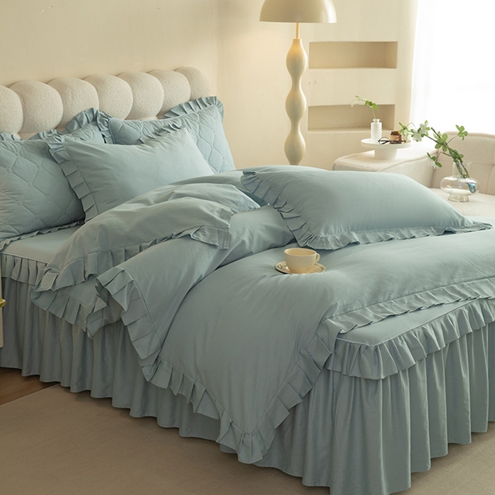 91家纺网 家纺一手货源 找家纺 2025新款A类全棉抗菌13372床裙系列全棉床裙四件套 浅兰