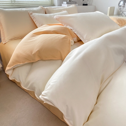 91家纺网 家纺一手货源 找家纺 米瑞娜 2024新款纯色双拼亲肤磨毛水洗棉四件套 奶茶芝士