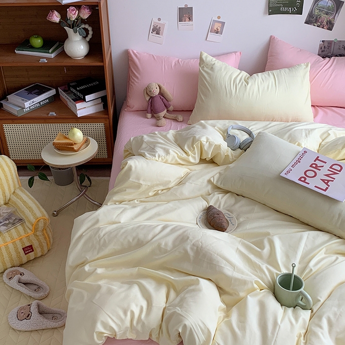 91家纺网 家纺一手货源 找家纺 优迈 2024新款ins风小红书同款纯色双拼水洗棉四件套亲肤加厚磨毛四件套混搭系列-单被套单床单单枕套单床笠 棚拍图 芝士粉桃