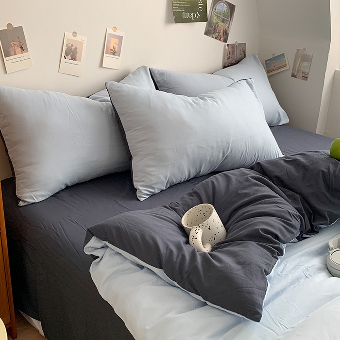 91家纺网 家纺一手货源 找家纺 优迈 2024新款ins风小红书同款纯色双拼水洗棉四件套亲肤加厚磨毛四件套混搭系列-单被套单床单单枕套单床笠 棚拍图 海蓝灰