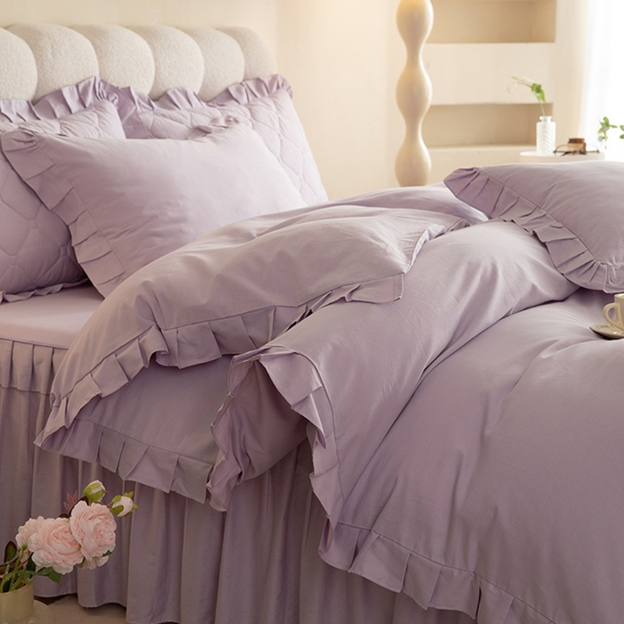 91家纺网 家纺一手货源 找家纺 2025新款A类全棉抗菌13372床裙系列全棉床裙四件套 灰紫