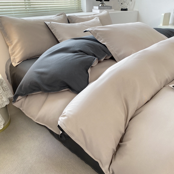 91家纺网 家纺一手货源 找家纺 米瑞娜 2024新款纯色双拼亲肤磨毛水洗棉四件套 米白灰